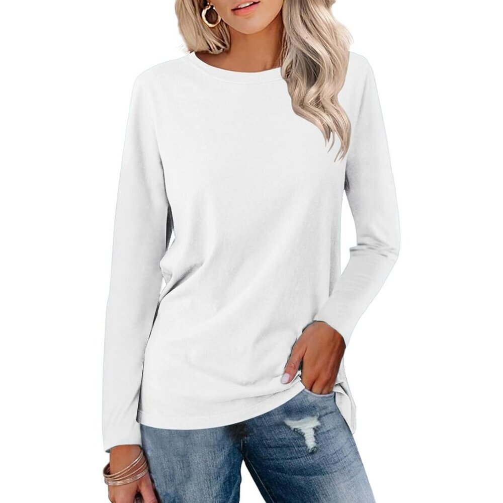 🆕 Women White Casual Long Sleeve Tunics Tops Crew Neck Shirts Loose Fit Stylish